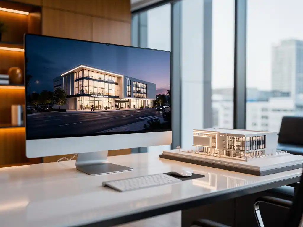 Fotorealistisch 3D-gebouwvisualisatie op monitor naast schaalmodel in modern vastgoedkantoor met warm licht.