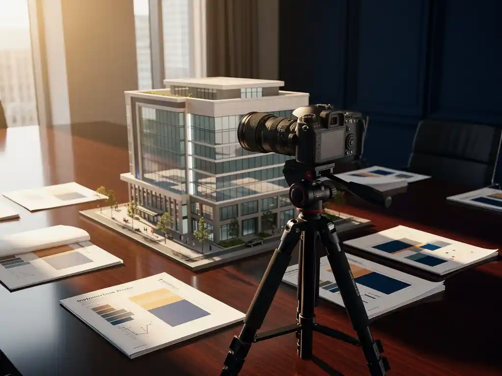 Professionele camera op statief gericht op architectuurmaquette van modern gebouw, met investeringsdocumenten op vergadertafel in warm amberkleurig licht.