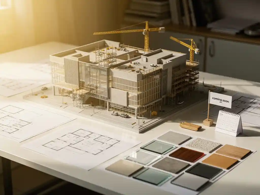 Schaalmodel van modern commercieel gebouw omringd door plattegronden en materiaalstalen op wit bureau met gouden zijlicht.