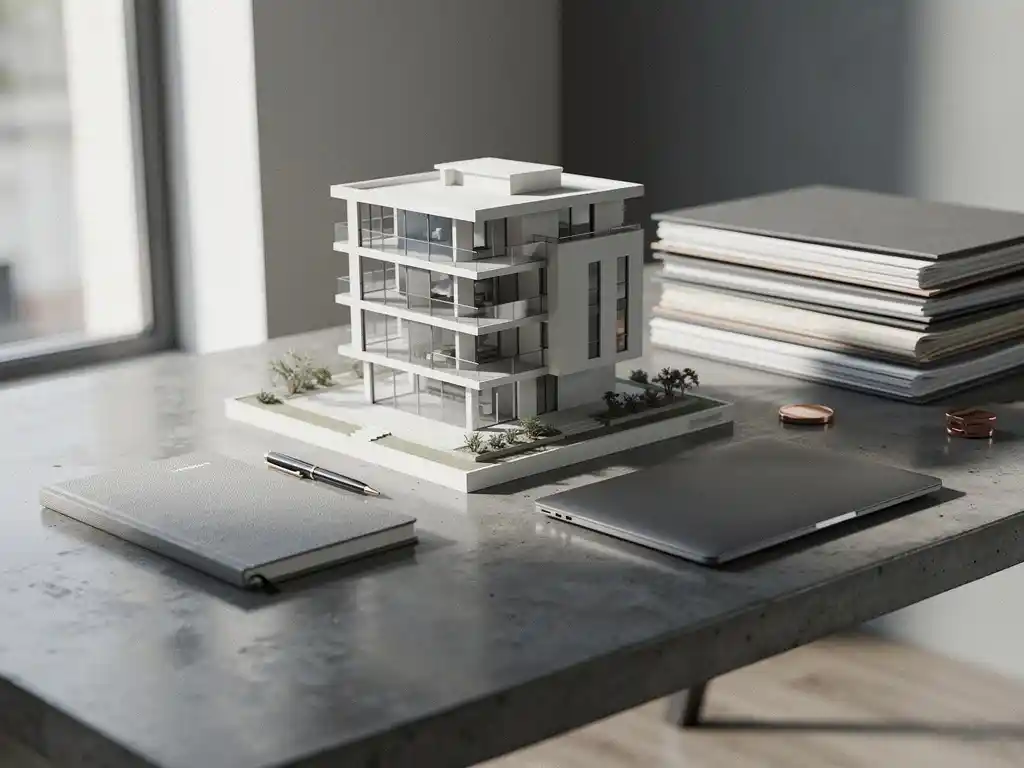 Architectuurmaquette van modern woongebouw op betonnen bureau met clientmappen, notitieboek en laptop in professionele werkruimte.