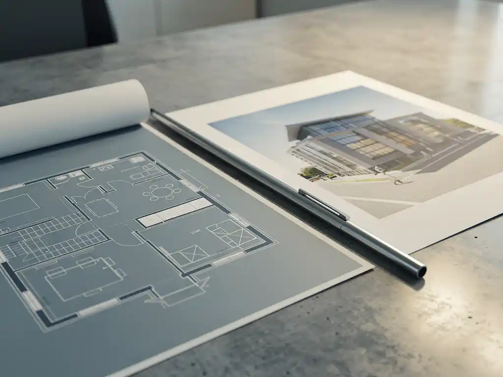 Architectonische plattegrond en 3D-gebouwrender op betonnen bureau met pen, kantooromgeving voor commercieel vastgoed.