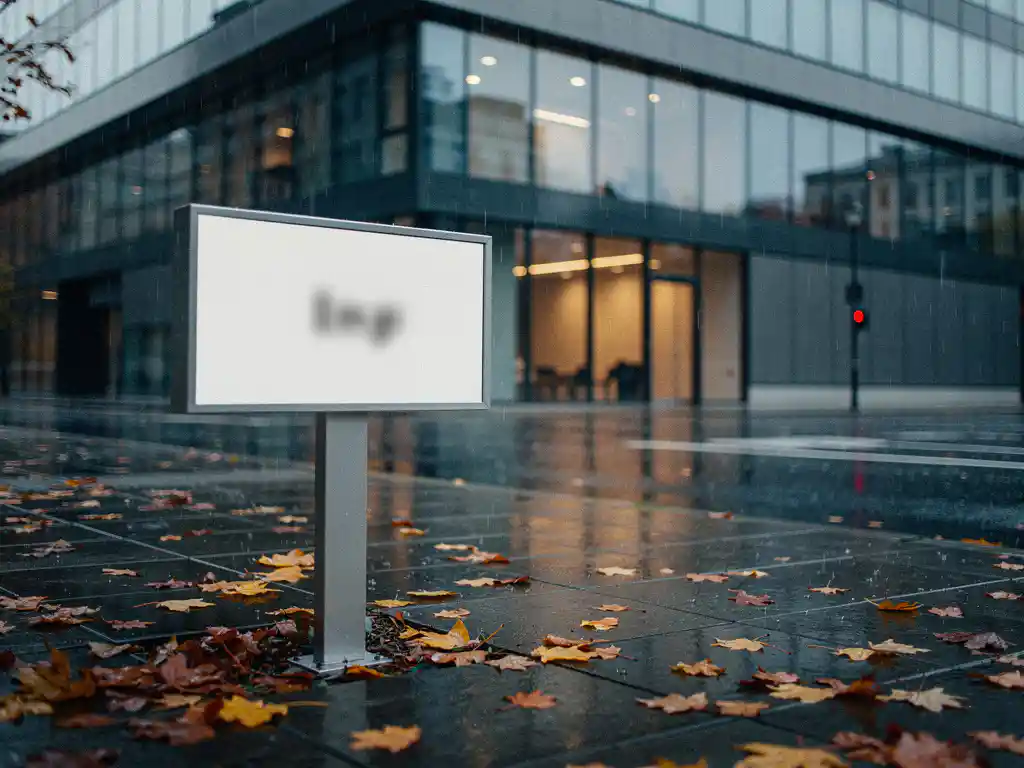 Leegstaand commercieel pand met te huur-bord op regennat trottoir, herfstbladeren op de stoep onder bewolkte lucht.