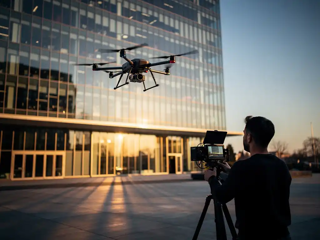 Drone boven modern glazen kantoorgebouw bij gouden uur, lange schaduwen over plaza, cinematograaf bekijkt luchtbeelden op monitor.