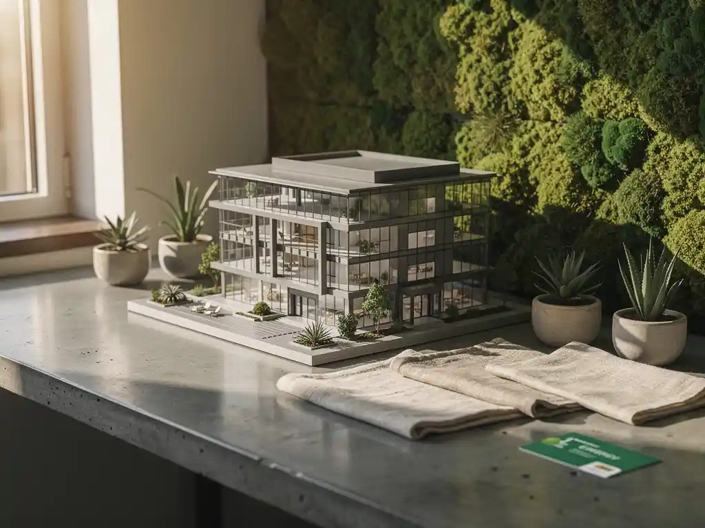 Architectuurmaquette van modern commercieel gebouw omringd door mospanelen, kamerplanten en een groene energiecertificering op betonnen bureau.