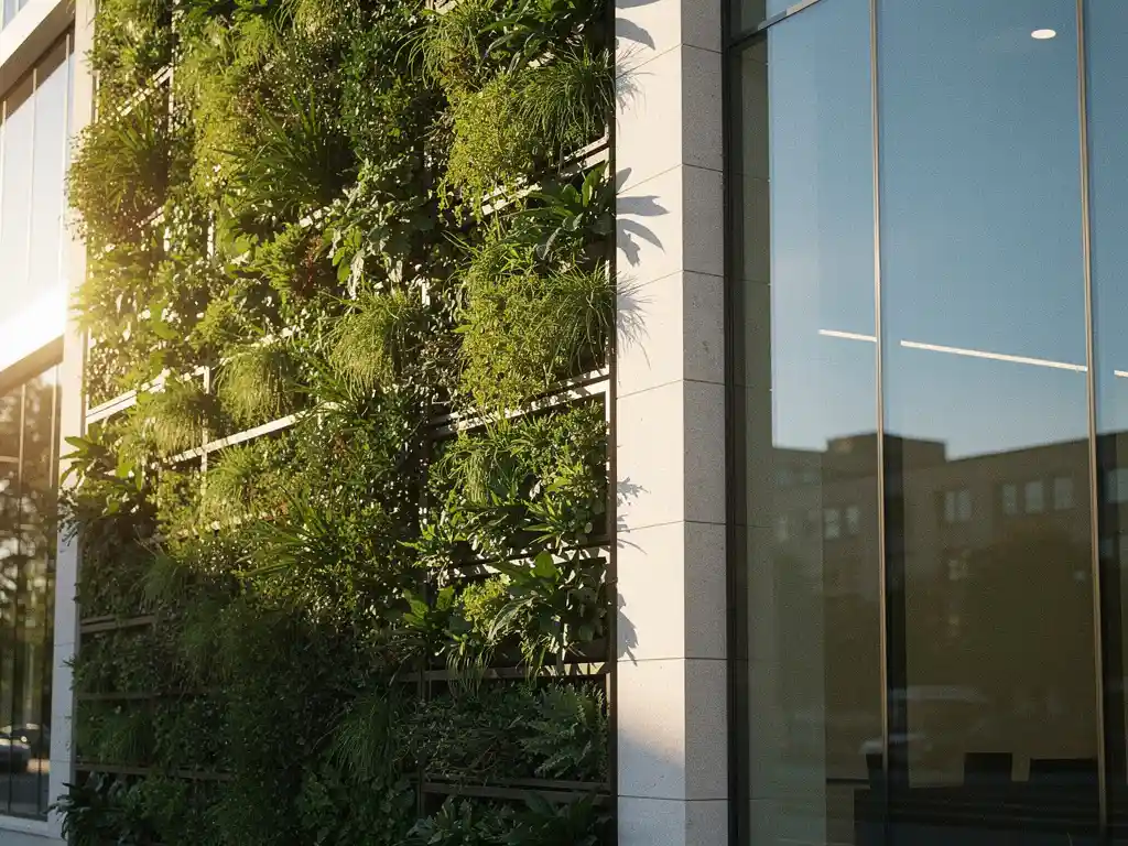 Commercieel kantoorgebouw met weelderige verticale groene plantenmuren, glazen gevel die blauwe lucht weerspiegelt, warm zonlicht.