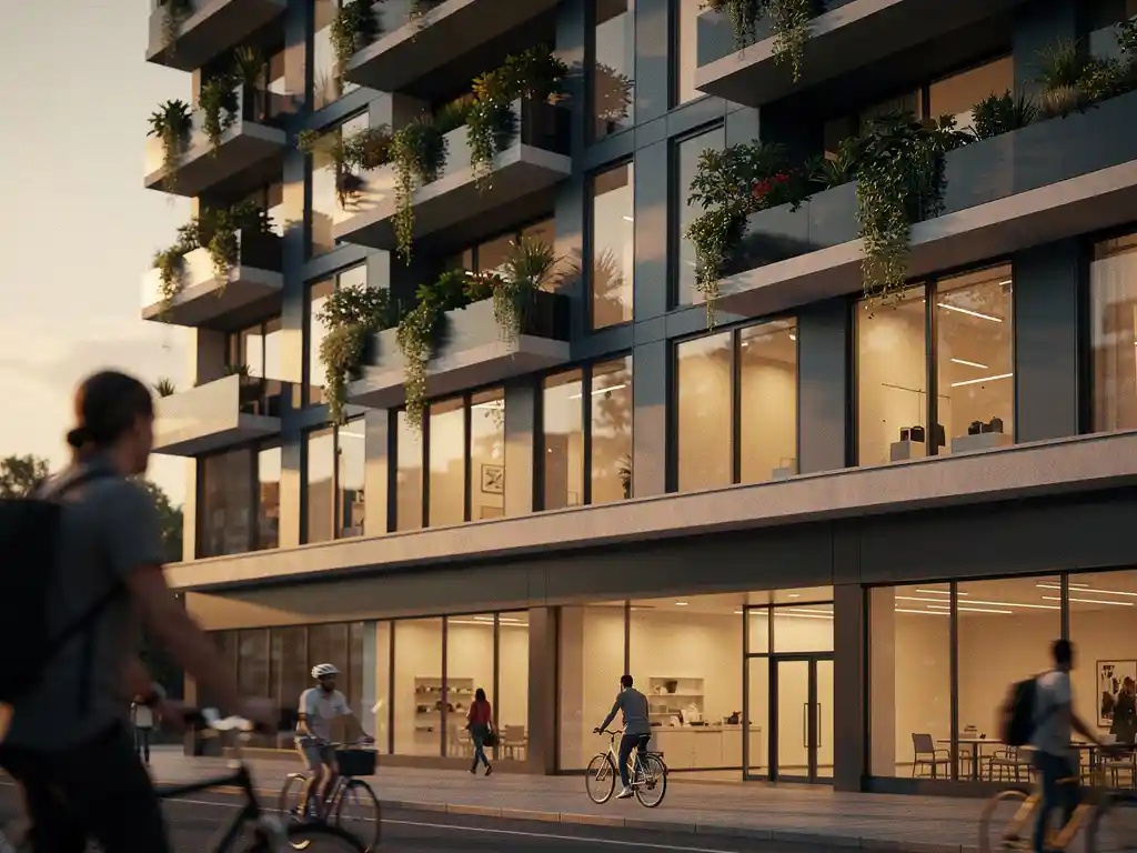 Gemengd gebouw bij gouden uur met winkelruimte, verlichte kantoren en woonbalkon met weelderig groen, voetgangers en fietsers op straat.