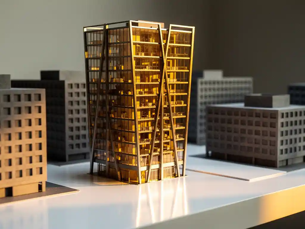 Architectuurmaquette van glazen kantooртoren met amberkleurig staal, omringd door grijze betonnen gebouwen op witte presentatietafel.