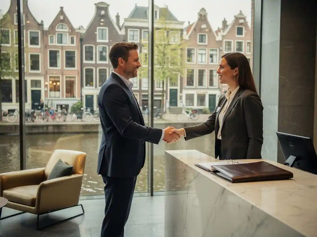 Tevreden huurder schudt hand met makelaar in modern kantoor met uitzicht op Amsterdamse gracht.