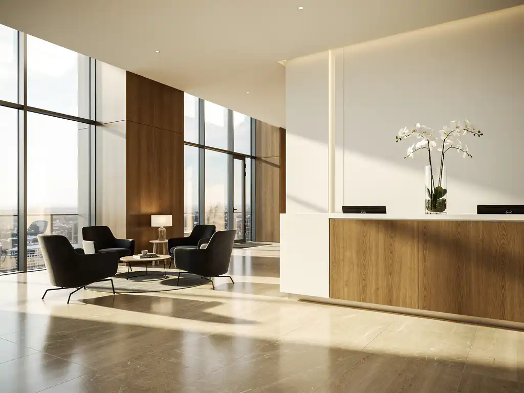 Luxe kantoorlobby met vloer-tot-plafond ramen, strakke receptiebalie met witte orchideeën en designerstoelen in eiken en ivoor tinten.