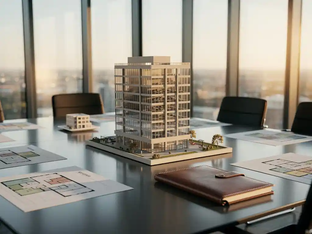 Schaalmodel kantoorgebouw als middelpunt op vergadertafel met plattegronden, maquette en leren notitieboek in warm middaglicht.
