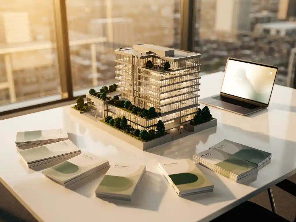 Architectuurmaquette van modern kantoorcomplex op wit bureau, omringd door vastgoedbrochures en laptop in warm middaglicht.