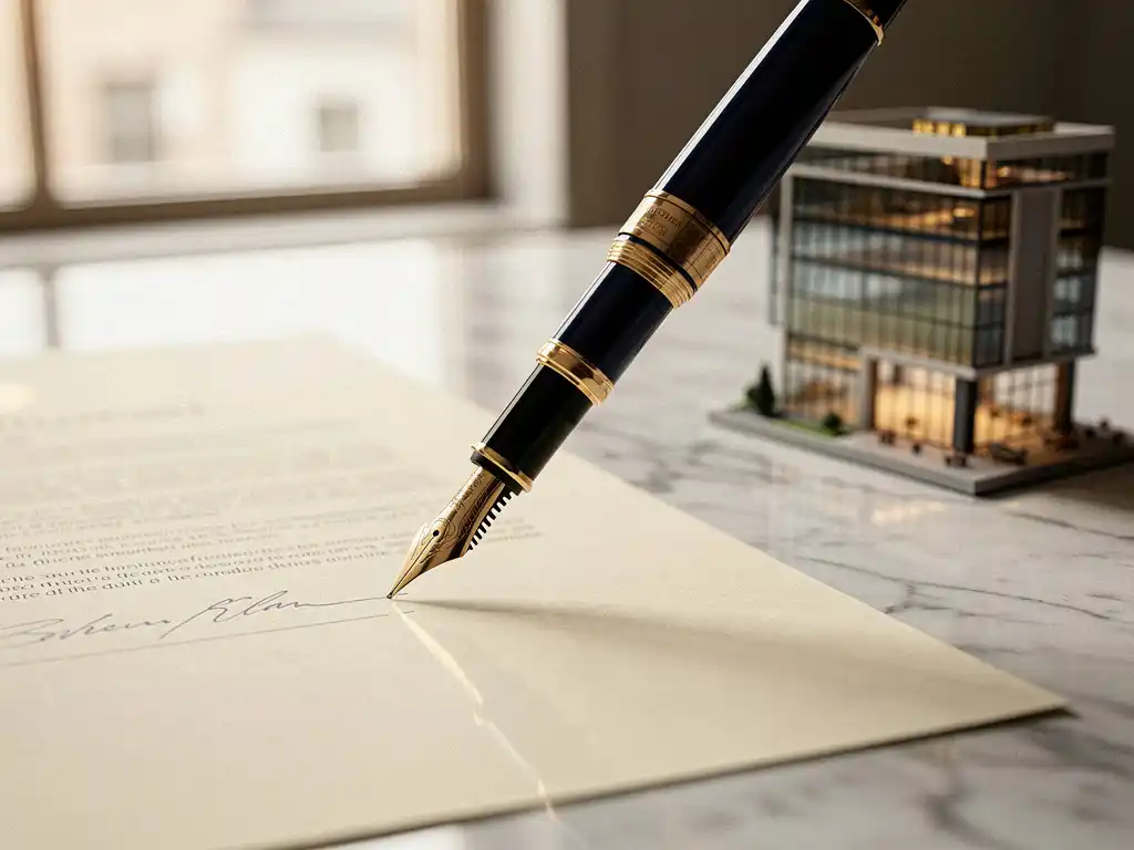 Gouden vulpen ondertekent contract op marmeren bureau, met schaalmodel van modern kantoorgebouw op de achtergrond.