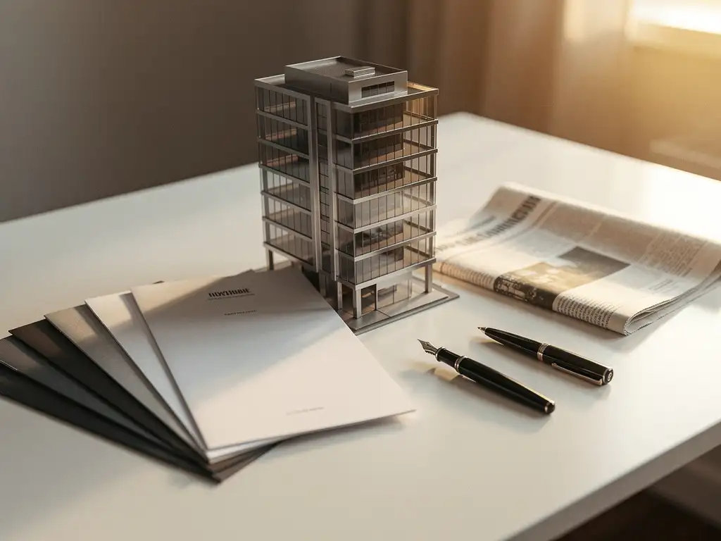 Architectuurmaquette van modern kantoorgebouw op wit bureau met persdossier, vulpen en krant in warm ochtendlicht.