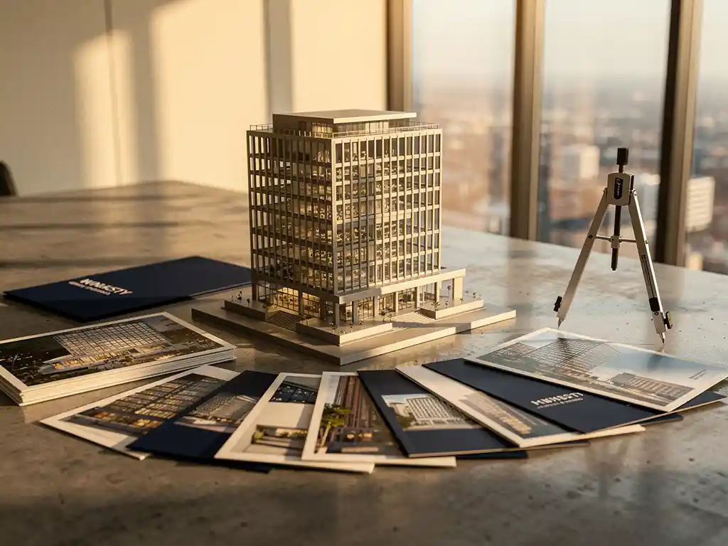 Architectuurmaquette van modern kantoorgebouw op betonnen bureau met vastgoedbrochures en kompas in warm goudkleurig licht.