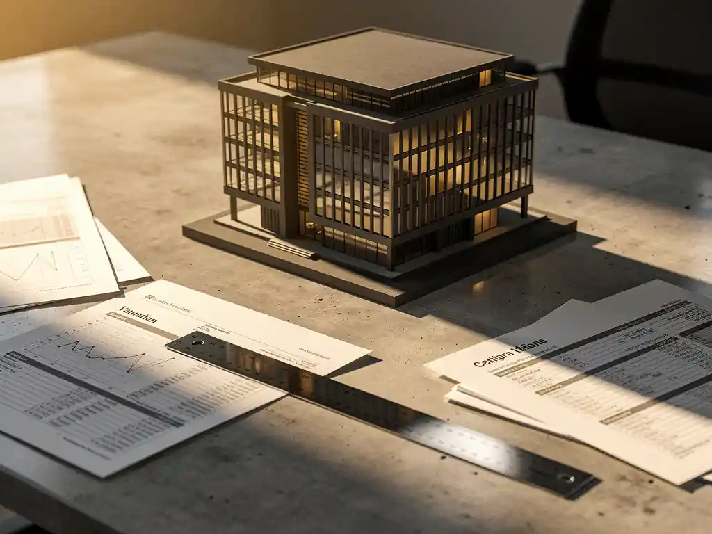 Schaalmodel van modern kantoorgebouw op betonnen bureau, omringd door taxatiedocumenten en tekenlineaal in warm ochtendlicht.
