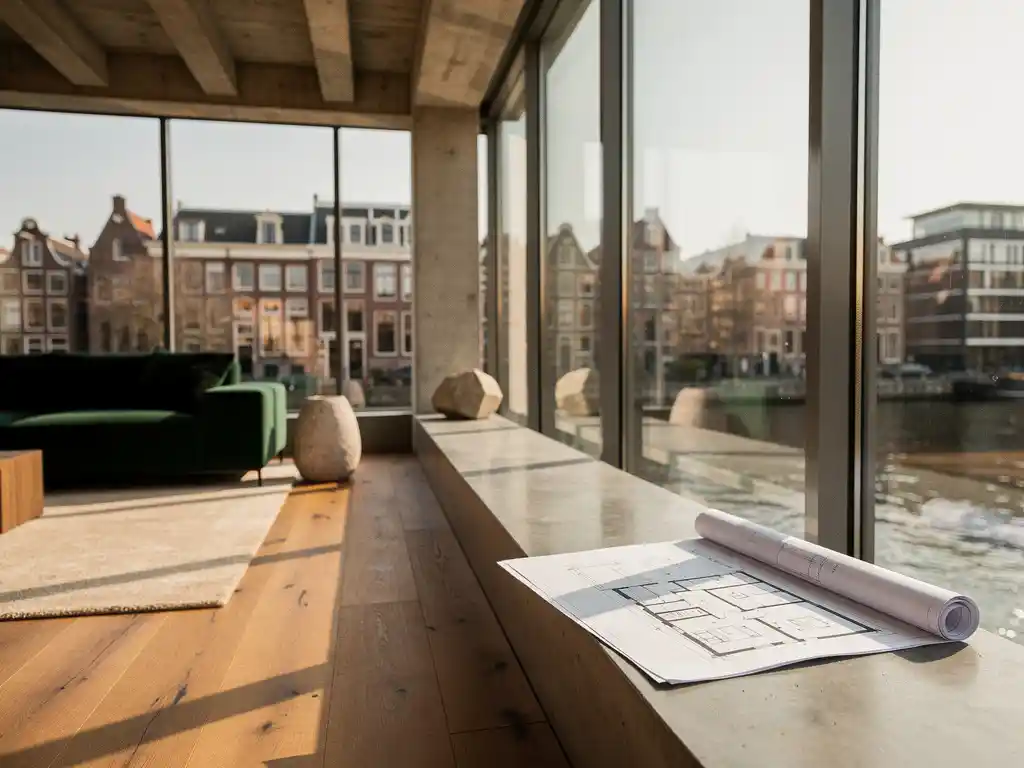 Omgebouwd kantoor tot modern appartement met betonnen plafond, eiken vloer en vloer-tot-plafond ramen met uitzicht op Nederlandse skyline.