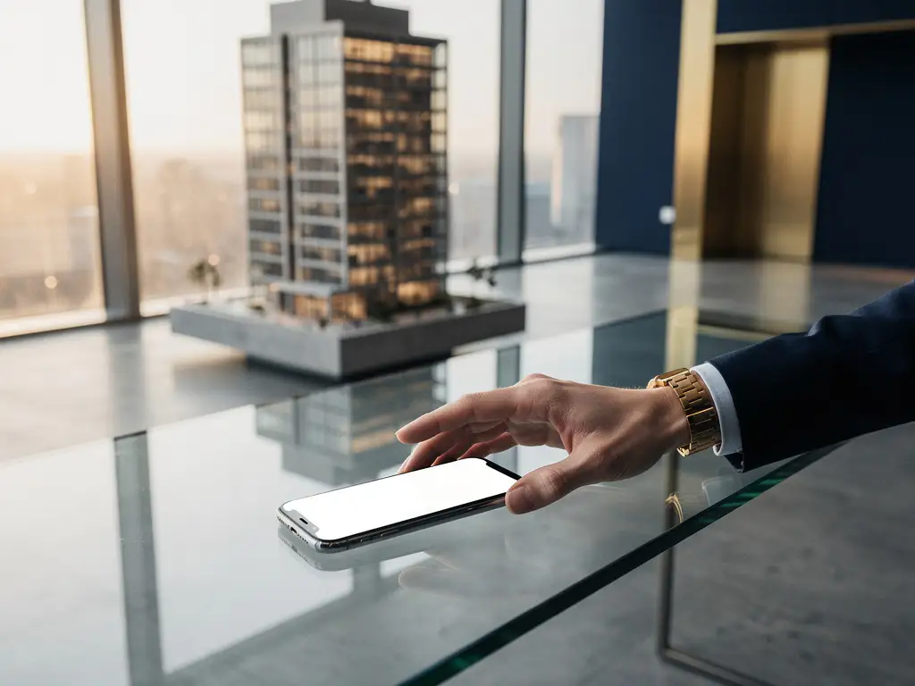 Makelaar schuift smartphone met LinkedIn-profiel over glazen bureau, kantoormodel en daglicht op de achtergrond.
