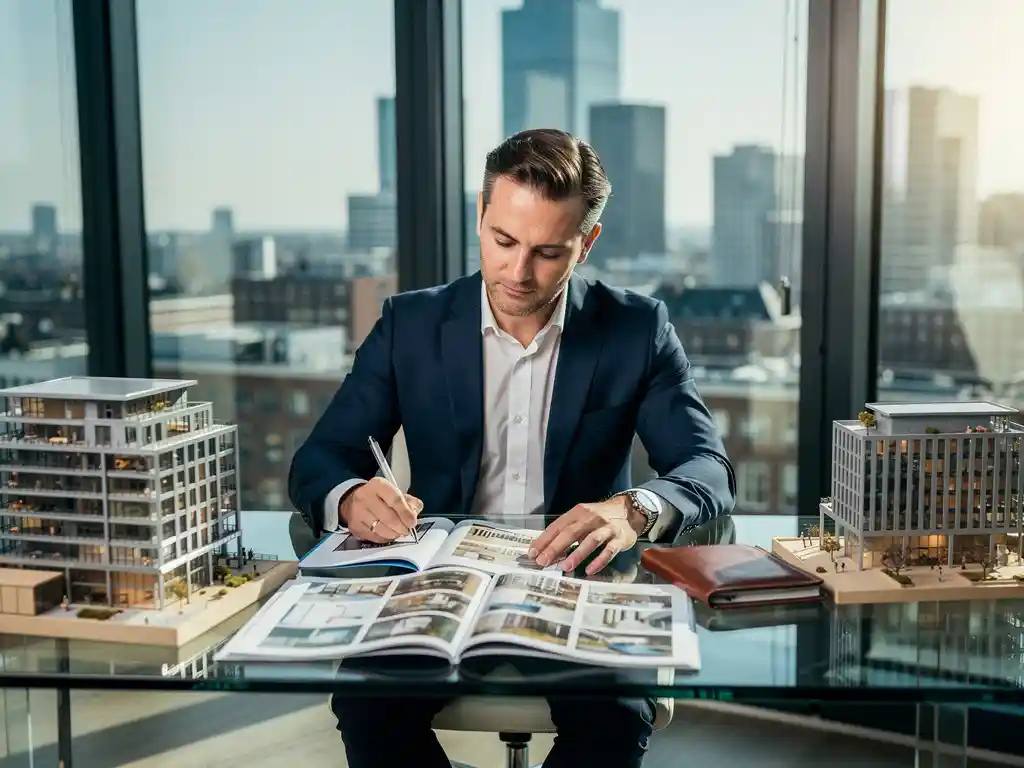 Makelaar bekijkt vastgoedportfolio op glazen bureau met architectuurmaquettes en leren notitieboek, modern Amsterdams kantoor.