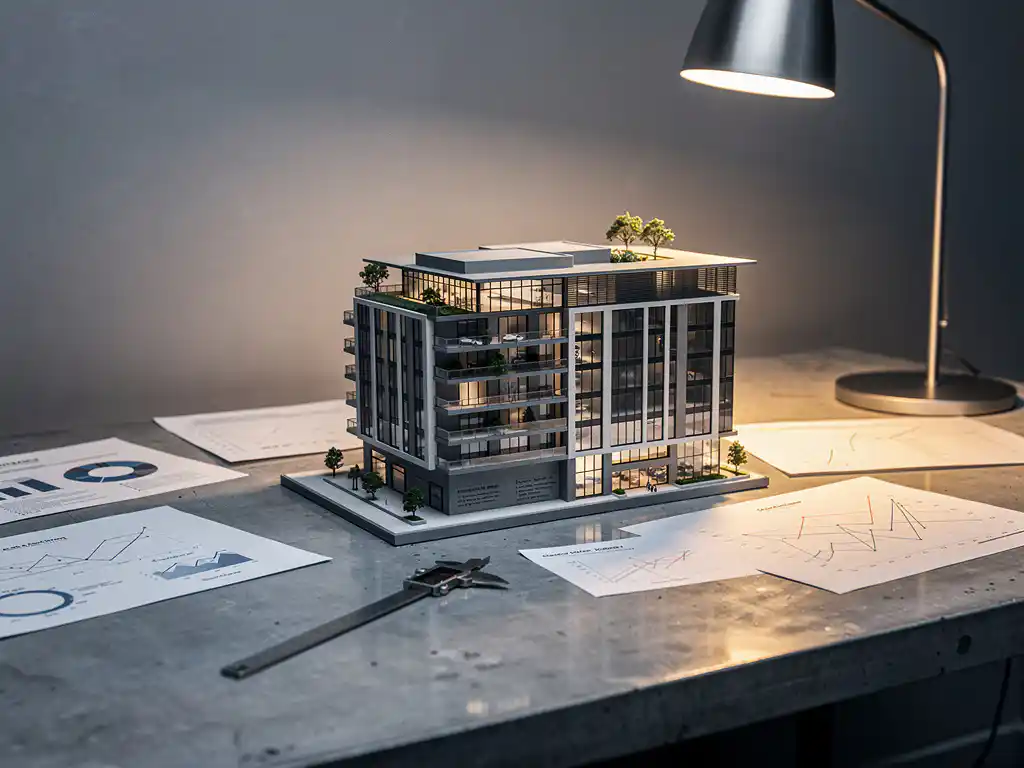 Architectuurmaquette van modern gemengd gebouw op betonnen bureau met marktanalyses en meetgereedschap onder warme bureaulamp.