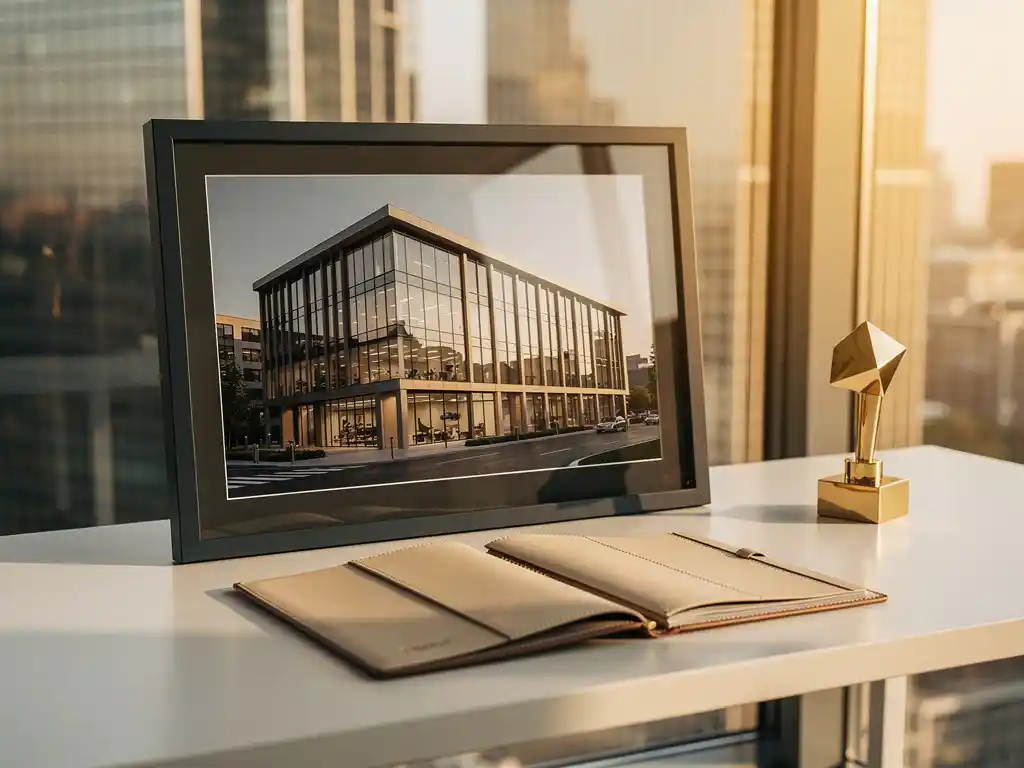 Ingelijste architectuurfoto van modern kantoorgebouw op wit bureau, omringd door portfolio en messing trofee in warm middaglicht.