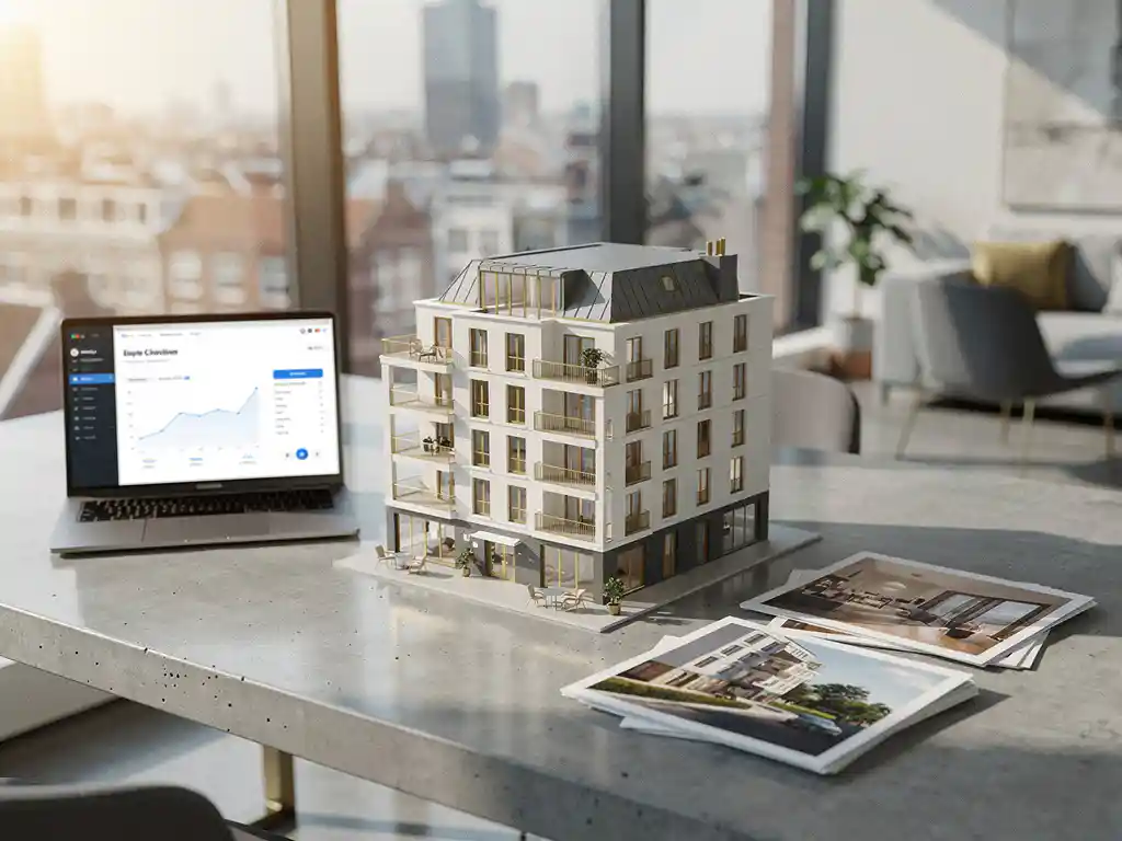 Architectonisch schaalmodel van modern woongebouw op betonnen bureau met laptop en vastgoedbrochures in Amsterdams kantoor.