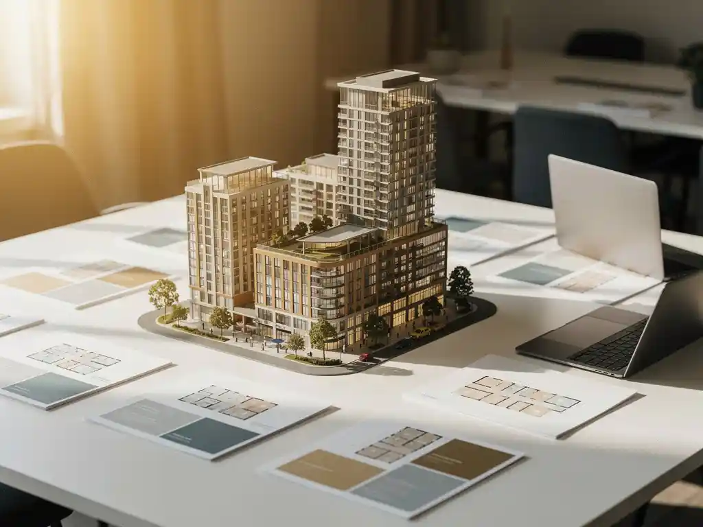 Schaalmodel van nieuwbouwproject op presentatietafel met plattegronden en laptop in makelaarskantoor.