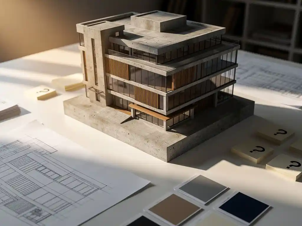 Verweerd architectuurmaquette van een gemengd gebouwblok op witte tafel, omringd door blauwdrukken en kleurstalen in zacht middaglicht.