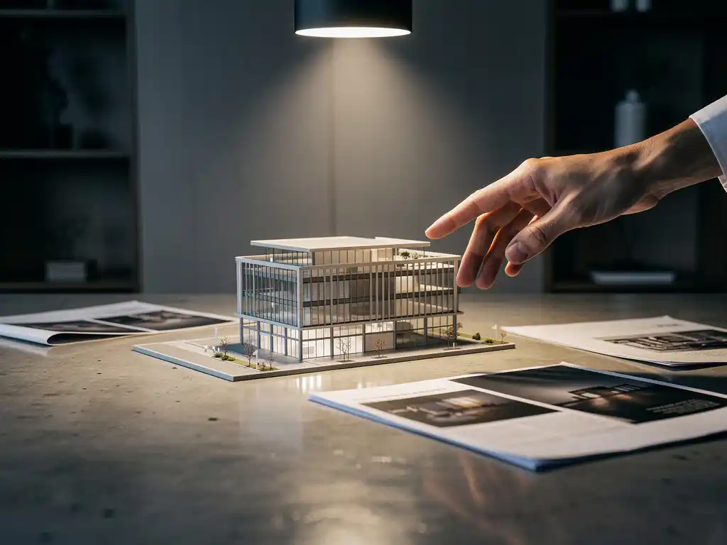Architectuurmaquette van modern commercieel gebouw op betonnen bureau, verlicht door spotlight, hand reikt ernaar in premium vastgoedkantoor.