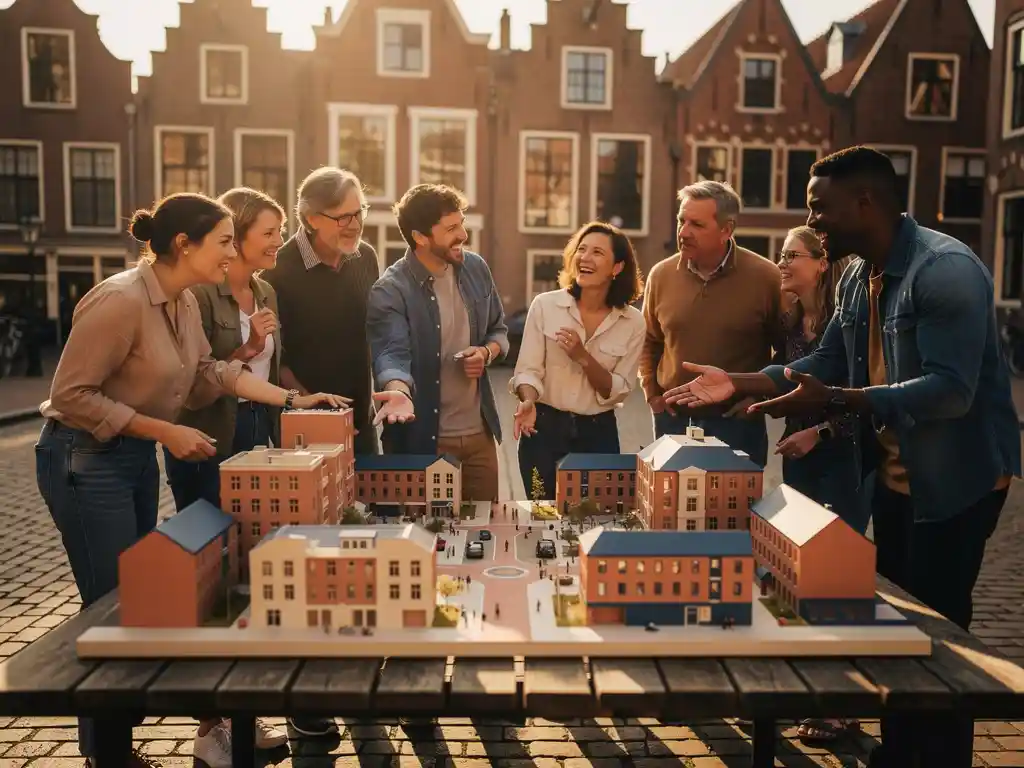 Buurtbewoners bestuderen samen een maquette van een stedelijk herontwikkelingsproject, met historische Amsterdamse bakstenen gevels op de achtergrond.