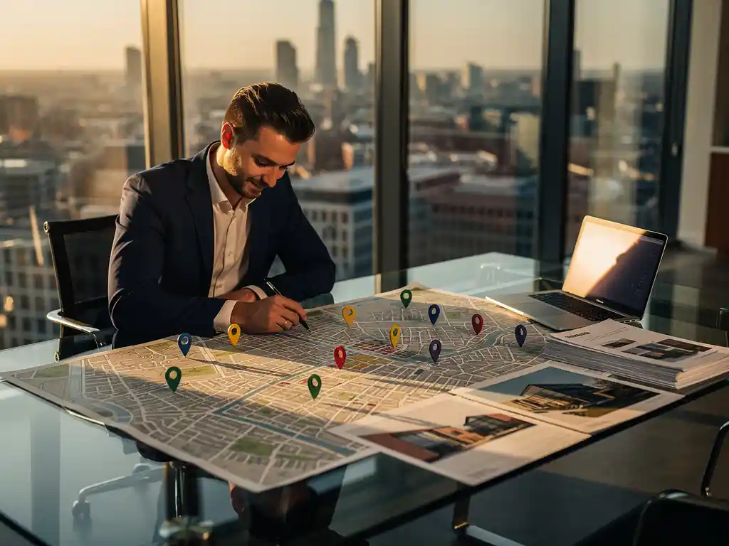 Vastgoedadviseur bestudeert stadskaart met locatiepinnen op glazen bureau, laptop en documenten in modern kantoor met uitzicht op skyline.