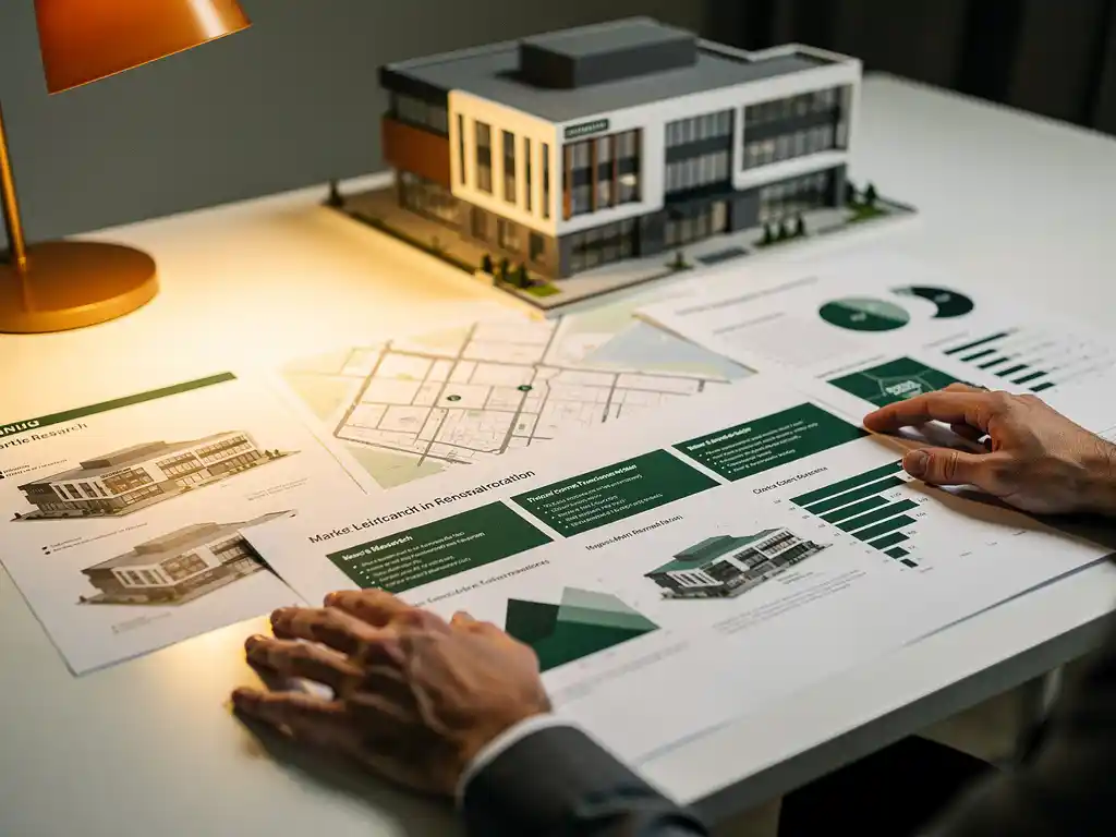 Vastgoedanalist spreidt marktonderzoekskaarten en vastgoeddata uit op wit bureau naast schaalmodel van commercieel gebouw.