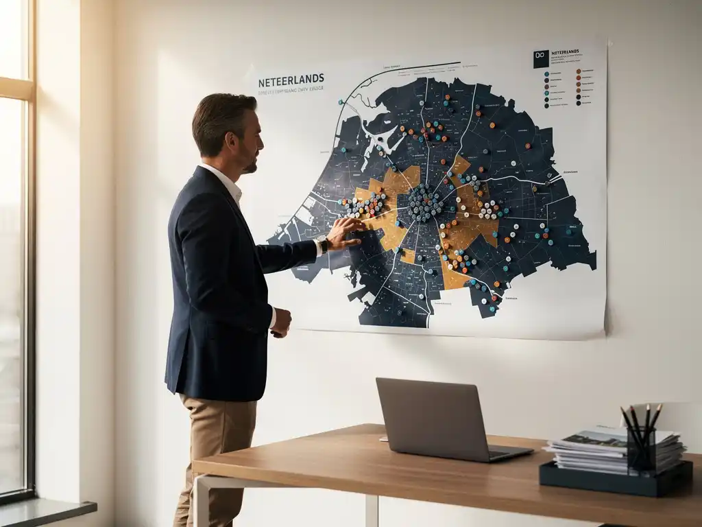 Vastgoedanalist bestudeert een grote heatmap van Nederland met gekleurde pins op kantoor, laptop en brochures op bureau.