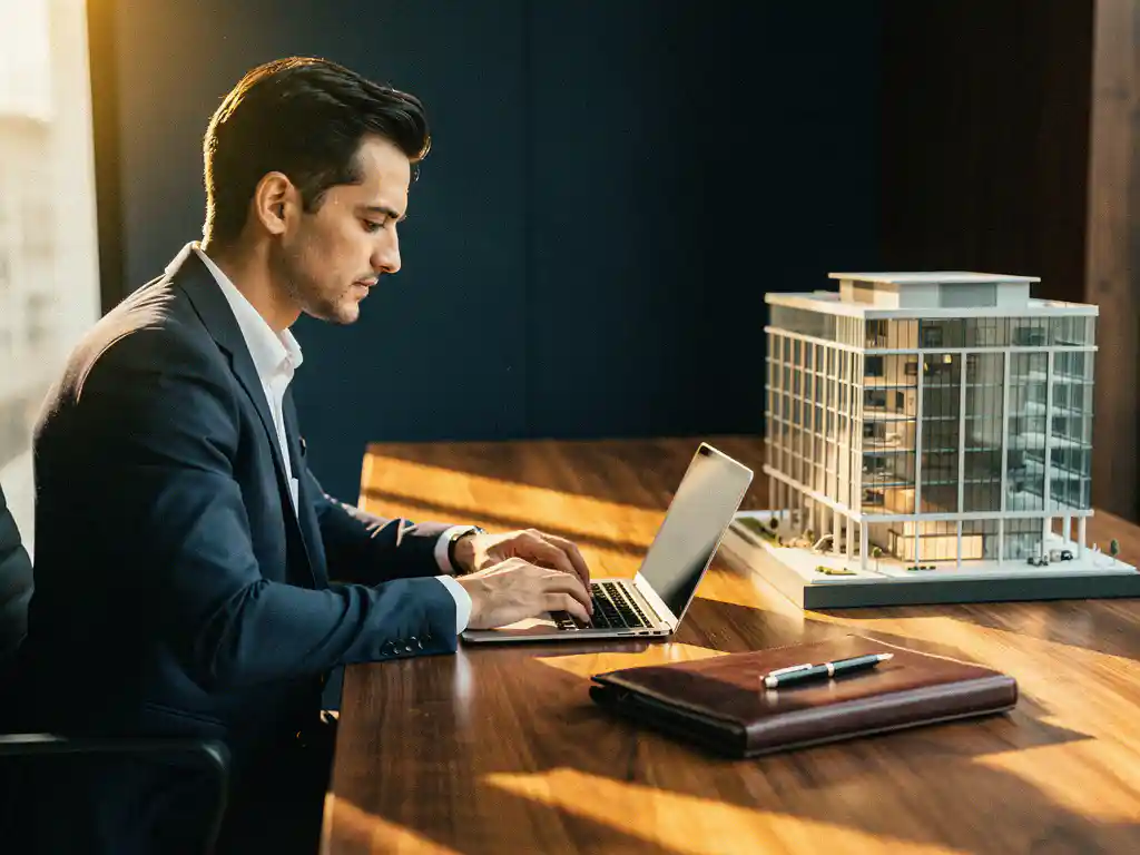 Vastgoedconsultant aan eikenhouten bureau typt e-mail op laptop naast architectuurmodel van kantoorgebouw en leren portfolio.