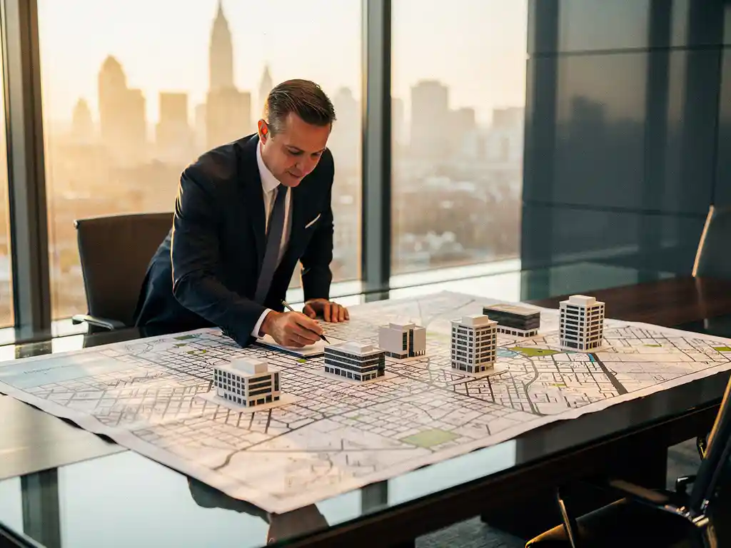 Vastgoedmakelaar bestudeert stadskaart met schaalmodellen van kantoorgebouwen op conferentietafel, gouden middaglicht en stadsgezicht op achtergrond.