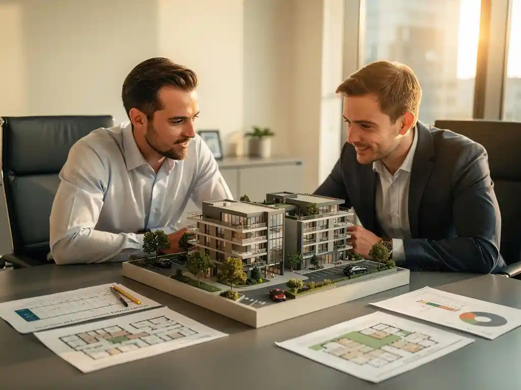 Projectontwikkelaar en koper bekijken samen een architectonisch schaalmodel van een woningcomplex aan een vergadertafel.
