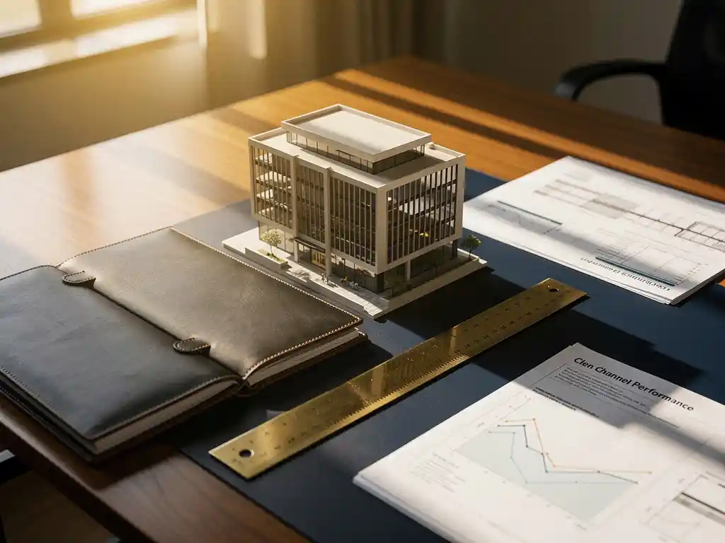 Schaalmodel van modern kantoorgebouw op architectenbureau met leren portfolio, messing liniaal en prestatierapporten in warm amberkleurig licht.