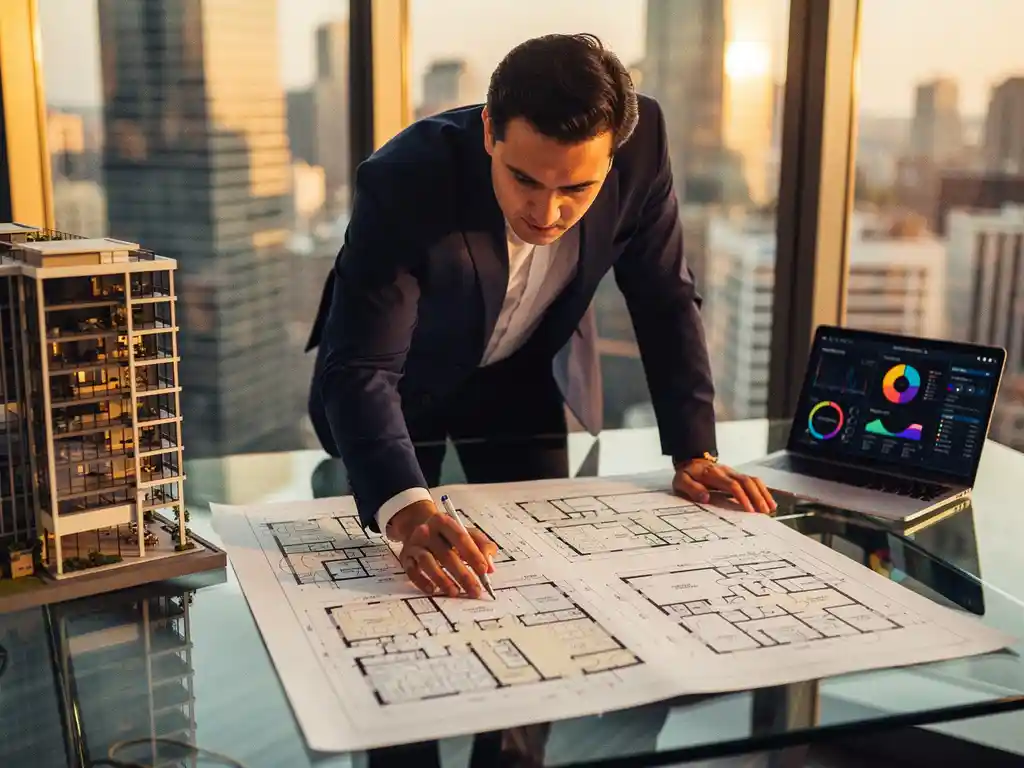 Zakenman bestudeert plattegronden van commercieel vastgoed aan glazen bureau met laptop en architectuurmodel in warm middaglicht.