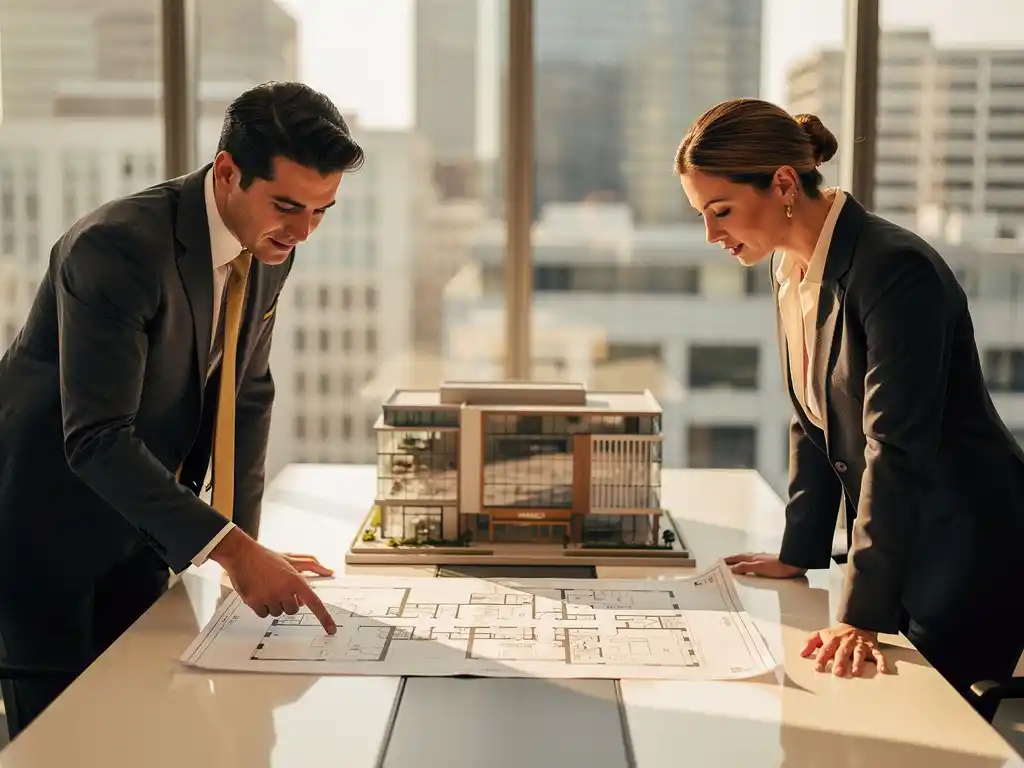 Twee professionals in pak bekijken een plattegrond en architectuurmodel van een commercieel gebouw aan een vergadertafel.