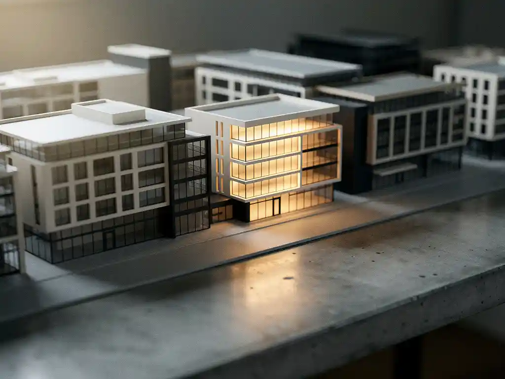 Architectonisch schaalmodel van moderne mixed-use ontwikkeling op betonnen tafel, één unit belicht met warm amberkleurig licht.