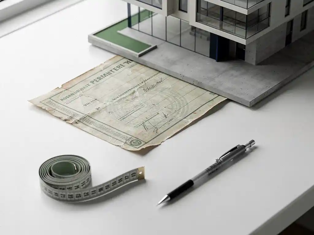 Verouderd Nederlands bouwvergunningsdocument onder een architectuurmaquette van een modern wooncomplex, met meetlint en tekenpotlood.