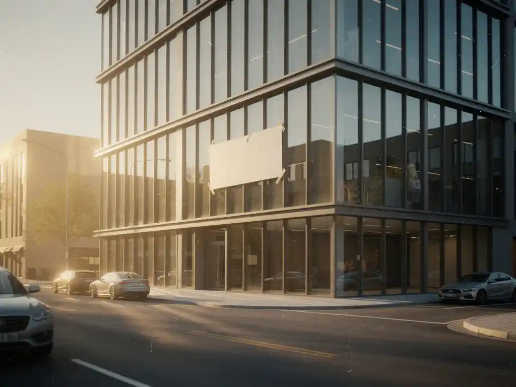 Moderne commercieel gebouw met glazen gevel waarvan een Te Huur-bord wordt verwijderd, gefotografeerd in vroeg ochtendlicht.