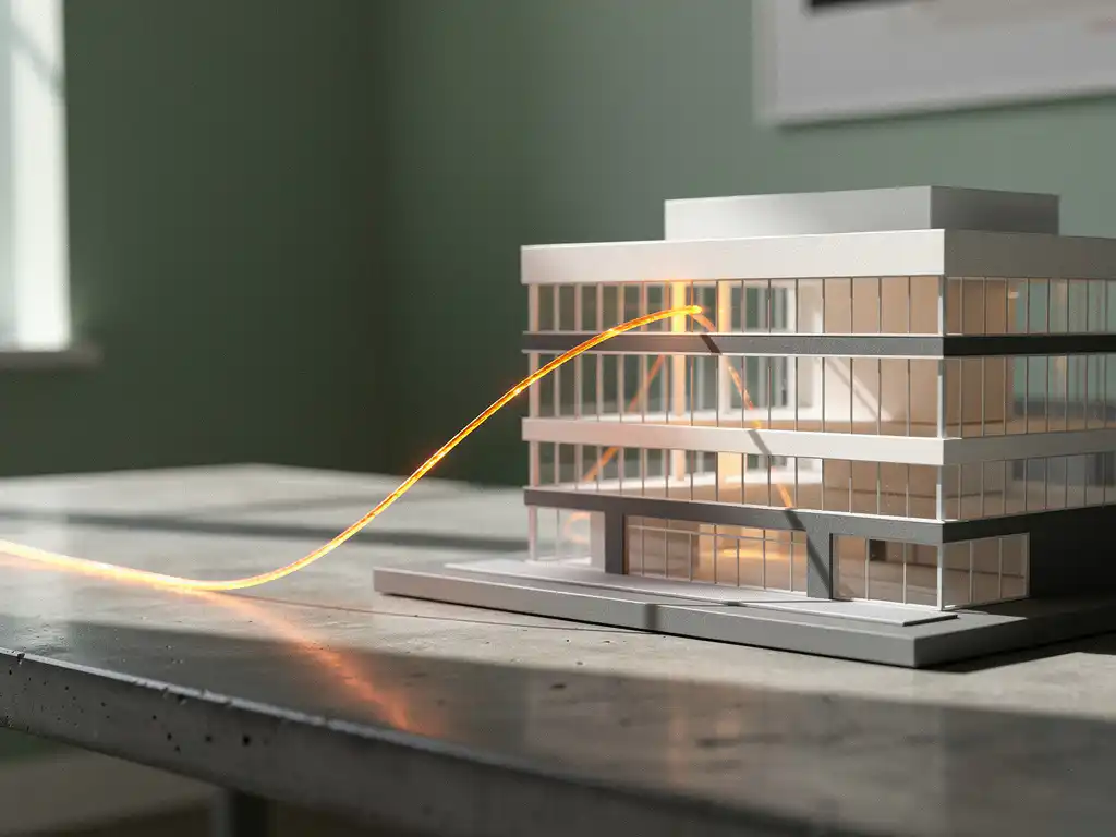 Gloeiende amberkleurige draad die naar een architectuurmodel van een modern kantoorgebouw wordt getrokken op een betonnen bureau.