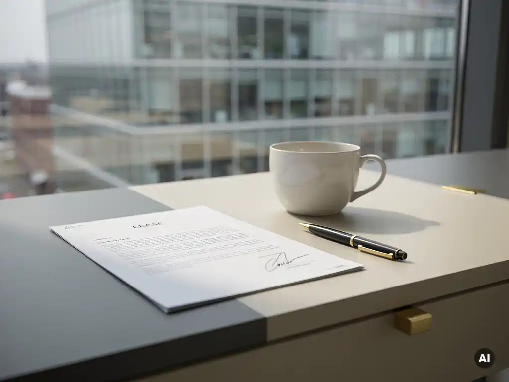 Ondertekend huurcontract op modern bureau met lege koffiebeker, Amsterdams glazen kantoorgebouw op de achtergrond.