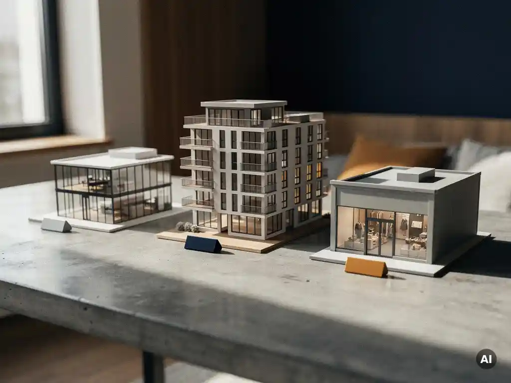 Architectonische schaalmodellen van appartementenblok, kantoorunit en winkelgevel op betonnen bureau, gemarkeerd met gekleurde labels voor kopersprofielen.